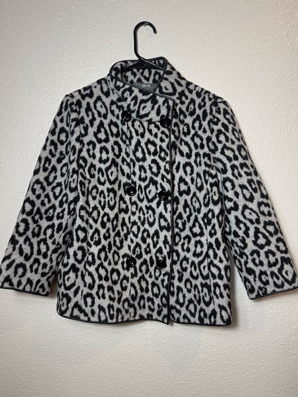 Per Se by Carlisle Wool Angora Leopard Print Double Breasted Jacket Size 12